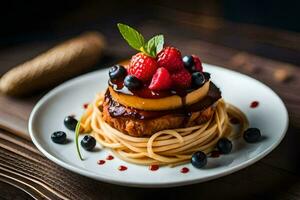 un' piatto di pasta sormontato con frutti di bosco e un' fetta di formaggio. ai-generato foto