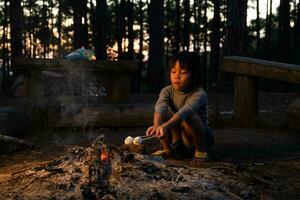 carino poco sorelle torrefazione marshmallows su falò. bambini avendo divertimento a campo fuoco. campeggio con bambini nel inverno pino foresta. contento famiglia su vacanza nel natura. foto