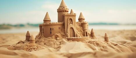 ai generato meticolosamente artigianale castello di sabbia contro il oceano. ai generativo. foto