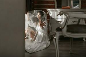 il sposa è preparazione per il nozze. un' sognante ragazza nel un' condimento toga con lungo buio capelli vicino il finestra sotto un' velo foto