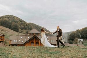 il sposa nel un' nozze vestito seguito il sposo durante un' camminare nel il campo contro il sfondo di montagne. luna di miele viaggi. foto