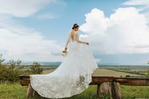 elegante sposa contro il sfondo di estate montagne. il concetto di un' rustico nozze nel il montagne, contento boemo Novelli sposi. foto