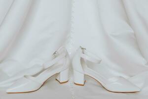 elegante bianca Da donna scarpe con alto tacchi. bianca sfondo. brevetto pelle. lato Visualizza foto