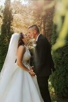 un' elegante sposo nel un' nero completo da uomo e un' carino sposa nel un' bianca vestito con un' lungo velo siamo abbracciare nel un' parco. nozze ritratto di sorridente e contento Novelli sposi. foto