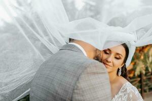 giovane nozze coppia godendo romantico momenti all'aperto su un' estate prato. un' sposa con un' corona su sua testa e un' lungo velo. sposo nel un' classico grigio completo da uomo foto