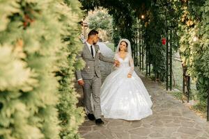 giovane nozze coppia godendo romantico momenti all'aperto su un' estate prato. un' sposa con un' corona su sua testa e un' lungo velo. sposo nel un' classico grigio completo da uomo foto