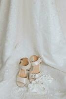 nozze concetto. della sposa scarpe e velo. il della sposa giarrettiera è bianca foto