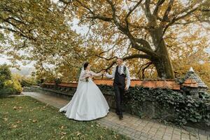 pieno corpo ritratto di un' giovane sposa e sposo godendo un' romantico momento al di fuori a tramonto su un' bellissimo autunno giorno. nozze coppia. in piedi viso per viso foto