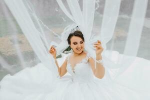 un elegante brunetta sposa pose sotto un' velo nel un' bianca vestire. ritratto di il sposa, nozze trucco e acconciatura, nozze moda. bellissimo sposa nel un' velo foto