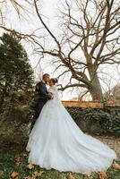 ritratto di un' contento nozze coppia, sposa e sposo baci nel il autunno foresta, parco foto