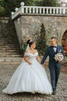 bellissima nozze coppia a piedi su pietra le scale vicino vecchio castello nel parco. elegante bellissimo sposa nel sorprendente toga e sposo in posa su sfondo di antico edificio foto