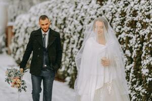 sensibile ritratto di allegro, bellissimo Novelli sposi. il sposo passeggiate per il suo affascinante sposa nel il inverno parco. il sposa nel un' nozze vestito e poncho. il sposo è vestito nel un' nero cappotto foto