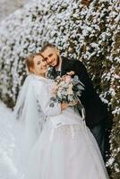 ritratto di contento Novelli sposi su il sfondo di innevato alberi. il sposo abbracci il sposa nel il inverno parco. sorridente sposa nel nozze vestito e bianca poncho. il sposo è vestito nel un' nero cappotto. foto