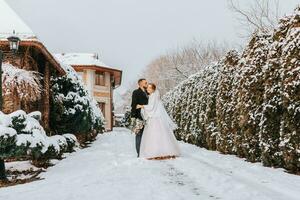 sensibile ritratto di contento Novelli sposi. il sposo abbracci e baci il sposa nel il inverno parco. il sposa nel un' nozze vestito e poncho. il sposo è vestito nel un' nero cappotto. largo angolo. gratuito spazio foto