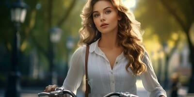 ai generato grazioso giovane signora con bicicletta, lussureggiante fogliame sfondo. ai generativo. foto