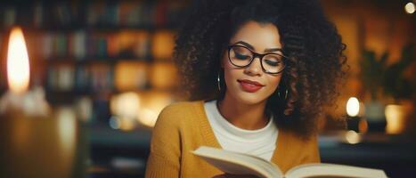 ai generato accogliente biblioteca ambientazione, un' donna assorto nel lettura. ai generativo. foto