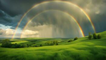 ai generato arcobaleno al di sopra di verde colline con alberi e erba foto