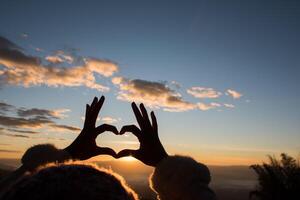 mani di sagoma che formano una forma di cuore con l'alba foto