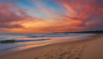 ai generato un' bellissimo tramonto al di sopra di il oceano con impronte nel il sabbia foto