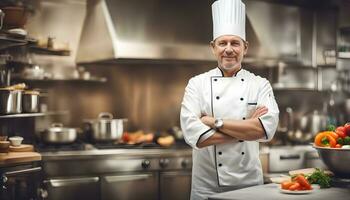 ai generato un' uomo nel un' capocuoco cappello in piedi nel un' cucina foto