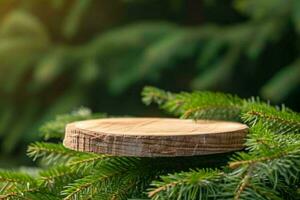 ai generato un' il giro lavorato lastra di legna bugie su il rami di abete rosso, pino, un' In piedi per un oggetto, un' podio per cosmetici. bellissimo bokeh di succoso verde. foto