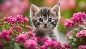 ai generato un' gattino è seduta nel il mezzo di rosa fiori foto