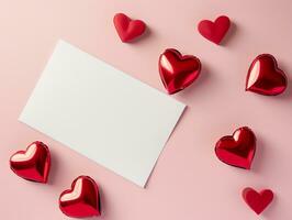 ai generato modello vuoto vuoto saluto carta per san valentino giorno con cuore decorato su rosa sfondo foto