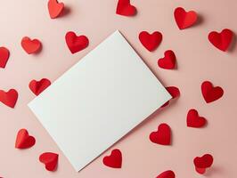 ai generato modello vuoto vuoto saluto carta per san valentino giorno con cuore decorato su rosa sfondo foto