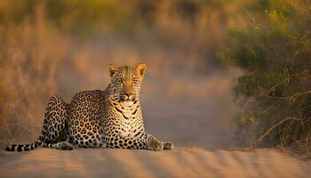 ai generato un' leopardo è seduta su il terra nel il deserto foto