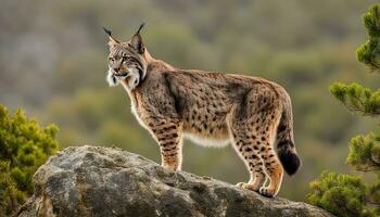 ai generato un' lince è in piedi su superiore di un' roccia foto