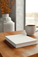 ai generato bianca libro copertina modello su di legno caffè tavolo. ai generato foto