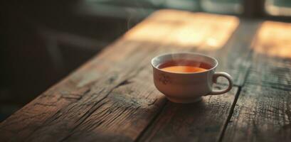 ai generato un' tazza di tè e un' fascio di secco le foglie su un' di legno tavolo foto