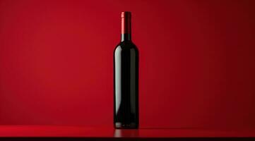 ai generato bottiglia di buio rosso vino è posto su un' tavolo con un' rosso sfondo foto
