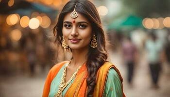 ai generato bellissimo indiano donna nel tradizionale sari foto