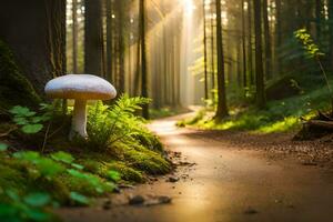 ai generato un' fungo è in piedi su un' sentiero nel il foresta foto