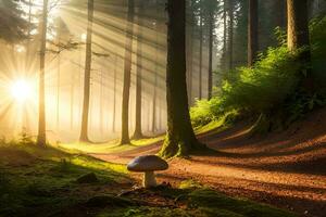 ai generato un' fungo è in piedi su un' sporco sentiero nel un' foresta foto