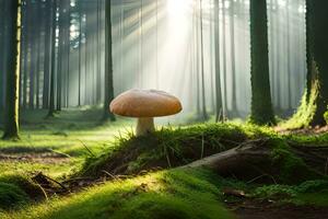 ai generato un' fungo è in piedi nel il mezzo di un' foresta foto