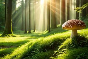 ai generato un' fungo è in piedi nel il mezzo di un' verde foresta foto