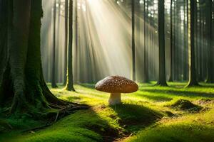 ai generato un' fungo nel il mezzo di un' foresta con luce del sole splendente attraverso il alberi foto