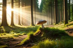 ai generato un' fungo è in piedi nel il mezzo di un' foresta foto