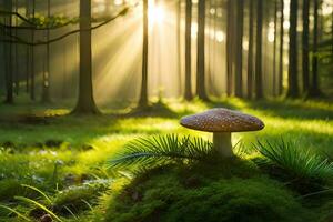 ai generato un' fungo è in piedi nel il mezzo di un' foresta foto