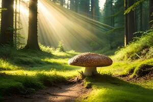 ai generato un' fungo è in piedi nel il mezzo di un' foresta foto