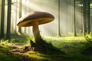 ai generato un' fungo è in piedi nel il mezzo di un' foresta foto