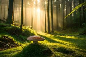 ai generato un' fungo si siede nel il mezzo di un' foresta con luce del sole splendente attraverso il alberi foto