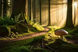 ai generato un' fungo è in piedi nel il mezzo di un' foresta foto