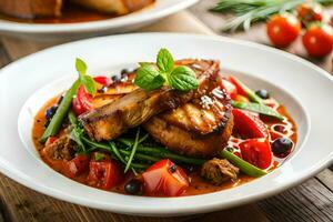 grigliato Maiale braciole con pomodoro salsa e verdure su un' di legno tavolo. ai-generato foto