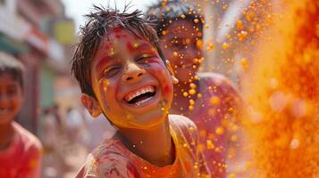 ai generato luminosa pigmenti, giocoso schizzi, e risata catturare il essenza di holi baldoria foto