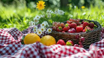 ai generato percalle coperte, fresco frutta, e luce del sole evocare un' delizioso primavera picnic foto