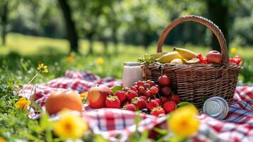 ai generato percalle coperte, fresco frutta, e luce del sole evocare un' delizioso primavera picnic foto