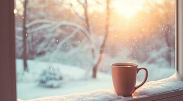 ai generato caffè tazza seduta accanto un' finestra durante il inverno tempo foto